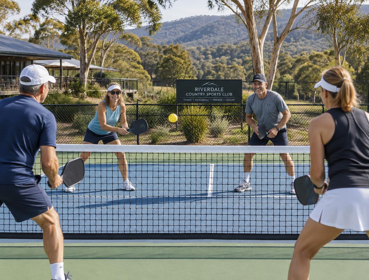 Players enjoying pickleball doubles at Ridge and Racquets